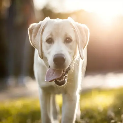 a golden labrador retriever with a friendly expression stands on grass in a sunny outdoor setting, showcasing typical dog breeds traits