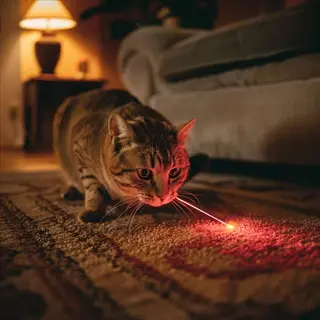 a tabby cat intently focused on a red laser dot from a cat laser toy on a patterned rug in a cozy living room setting
