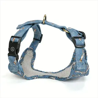 adjustable blue dog chest harness with nature-themed pattern, featuring buckles, d-ring, and breathable mesh lining