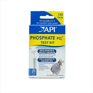 api aquarium phosphate tester kit box with blue/white packaging, 150 tests capacity, labeled 'phosphate po4-3' and featuring fish graphics for water quality testing
