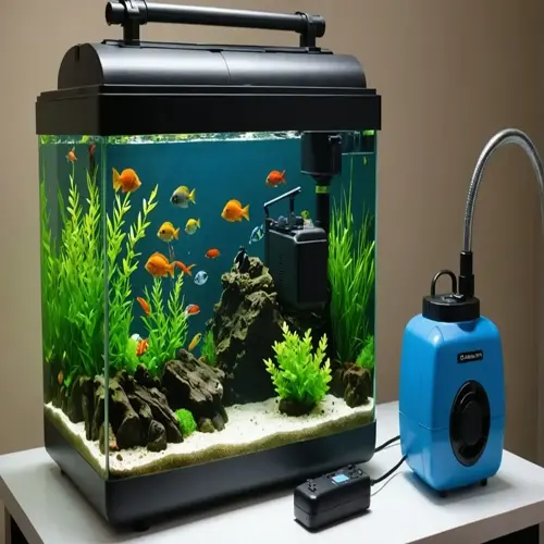 aquarium with vibrant fish, live plants, and external canister aquarium filter system for water purification
