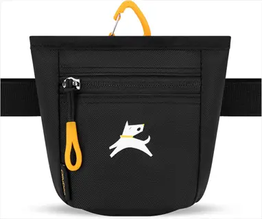 black dog training treat pouch with zipper pocket, carabiner clip, and belt loop; features white jumping dog logo