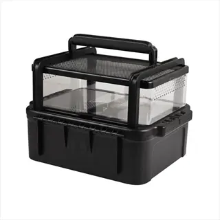 black plastic reptile transport container with carrying handle, ventilation mesh, and transparent viewing panels for species-specific accommodations