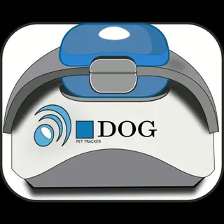 blue and gray pet gps tracker device with signal waves and 'dog pet tracker' text for real-time location monitoring