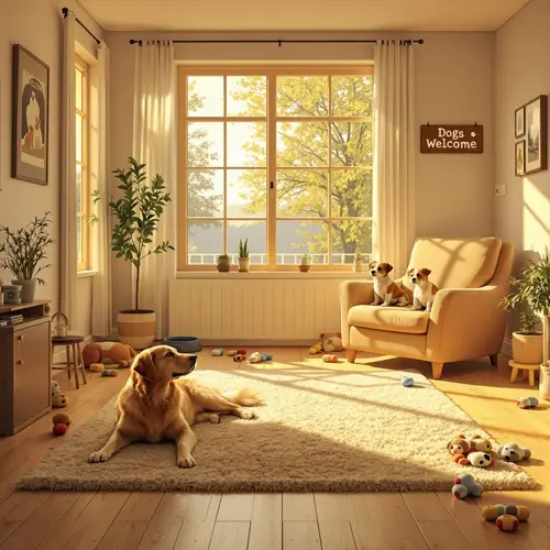 calm dog home environment: golden retriever on rug, two small dogs on armchair, 'dogs welcome' sign, toys scattered in sunny room