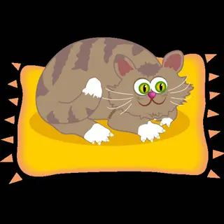cartoon tabby cat lying still on a yellow pillow, demonstrating a cat stay command. the stationary pose reflects training discipline