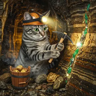 cat exploring new objects in a mine: gray tabby wearing miner's helmet with light, wielding pickaxe near gem-filled wall and gold bucket