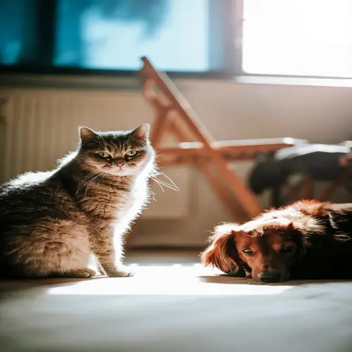 cat sitting alert and dog resting on floor in sunlit peaceful home interior