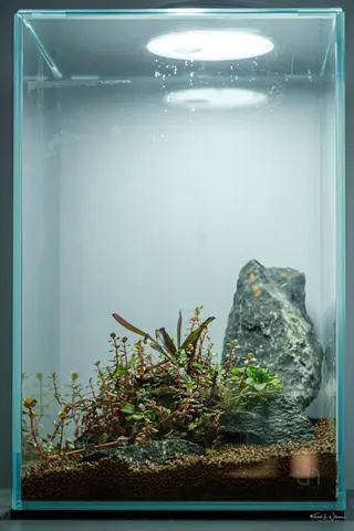 clear aquarium water in a glass tank with live plants, rocks, and substrate - water clarification example