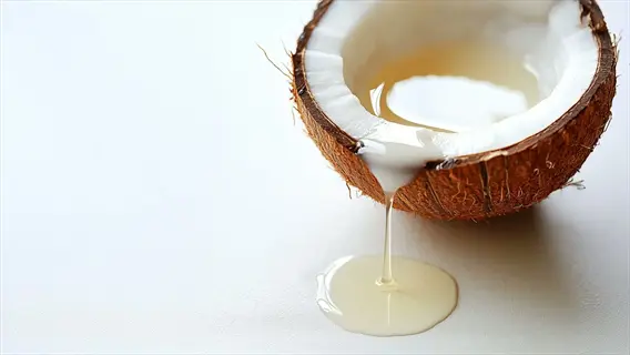 coconut oil dripping from a halved coconut onto a white surface, showcasing natural extraction