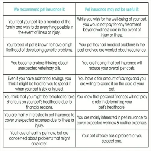 comparison table showing when pet insurance is recommended vs. not useful for dog, cat, or veterinary care scenarios