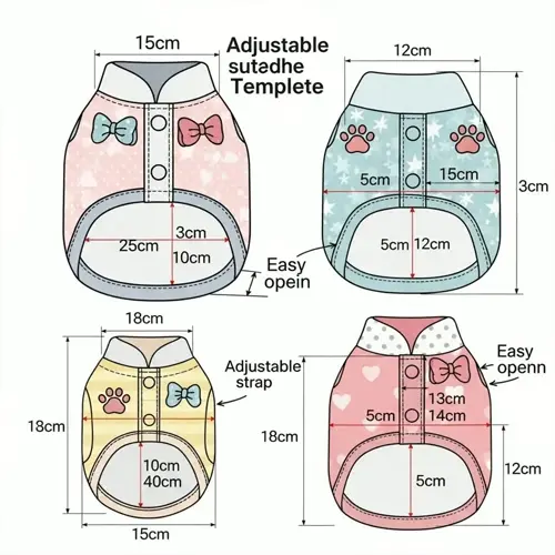 dog bed size comparison: four adjustable templates with measurements (15x18cm to 40x18cm), bow ties, and paw print designs