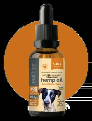 dog crate calming products: bottle of treatibles full-spectrum hemp oil (500mg cbd, peanut butter flavor) for dogs under 100 lbs, designed to reduce crate-related anxiety