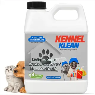 dog crate cleaning product: kennel klean concentrate bottle with puppy, kitten, and cleaner holding mop/bucket for kennel hygiene