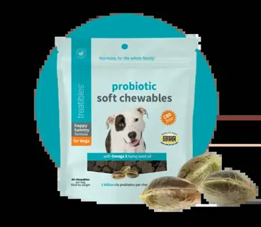 dog crate training high-value treats: bag of probiotic soft chews for dogs with omega 3 hemp seed oil and scattered treats for luring