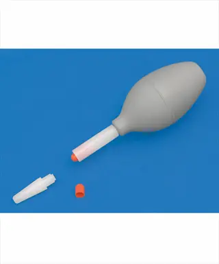 dog ear powder applicator with gray bulb, white tube, and orange tip, shown with detached parts on blue background