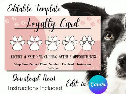 editable pet store loyalty card template featuring border collie's face, paw print stamps, and fields for shop details - rewards free nail clipping after 5 appointments