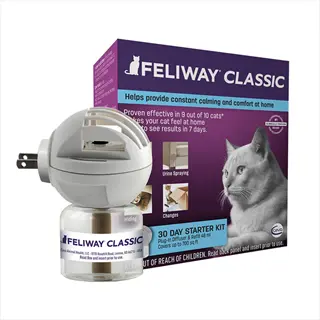 feliway classic cat pheromone diffuser starter kit with 30-day refill bottle and product packaging showing a cat's face. plug-in device for reducing feline stress and anxiety