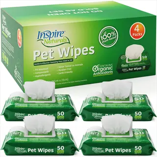 four packs of inspire naturals 100% plant-based herbal pet wipes for gentle, natural pet grooming and hygiene