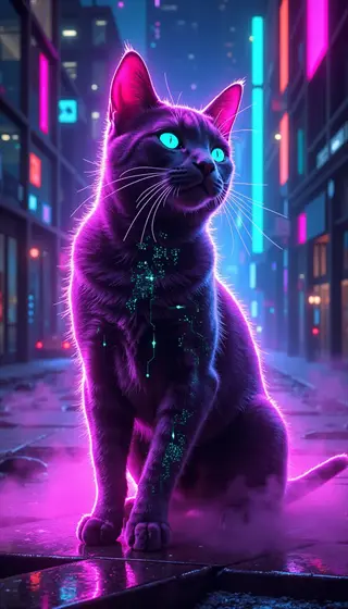 glowing black cat experiencing sudden energy burst in neon-lit cyberpunk city, vibrant pink and blue circuitry patterns on fur, symbolizing impulsive behavior support