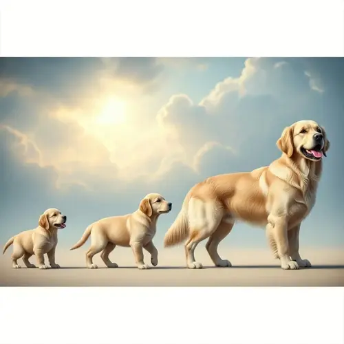 golden retriever puppy growth timeline showing three development stages: small puppy, adolescent, and adult dog walking in sequence under sunny skies