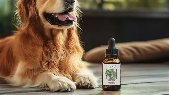 golden retriever resting beside tea tree essential oil bottle - aromatherapy dog wellness product