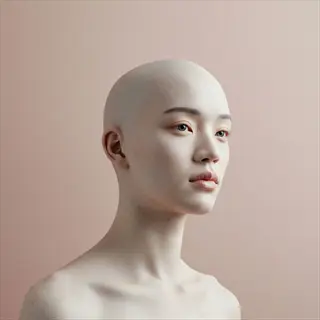 hairless skin moisturizing: person with smooth bald head and visible skin texture against plain pink background