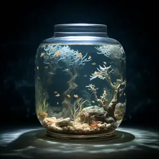 hamster glass jar (wide-mouth style) transformed into an aquatic terrarium with fish, plants, rocks, and water, illuminated against a dark background