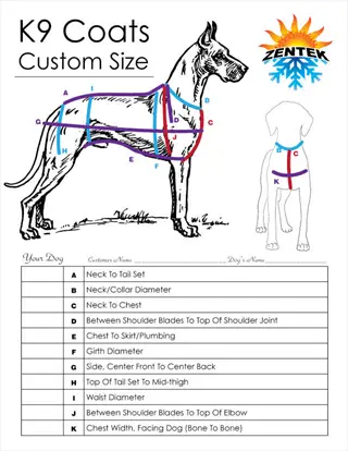 k9 coats custom sizing chart: great dane outline with labeled measurement lines (a-k). 'j' marks dog shoulder width measurement: between shoulder blades to top of elbow