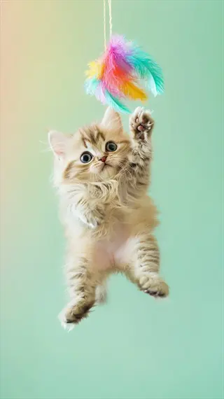 kitten intensely stalking and leaping to swat a colorful feather toy against gradient mint background, demonstrating hunter cat activities