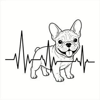 line art of a french bulldog with irregular ecg rhythm line in background - representing dog irregular heartbeat