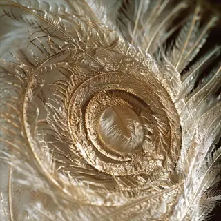 macro photograph of feather microstructure revealing intricate barbule arrangements and afterfeather (plumelets) with golden-brown coloration and soft focus artistic lighting