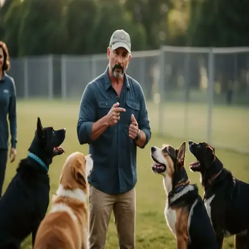 man demonstrating dog recall training in a park, gesturing to attentive dogs