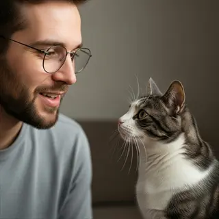 man with glasses and beard talking to a gray-white tabby cat in close indoor interaction