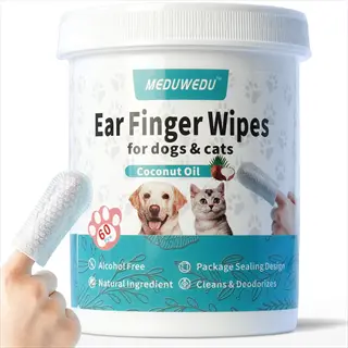 meduwedu ear finger wipes for dogs & cats (60ct) with coconut oil - alcohol-free natural dog ear cleaning wipes for gentle ear care