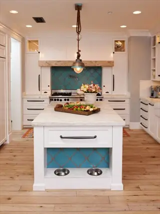 modern kitchen with built-in dog feeding station (two bowls in white island) and teal geometric tile backsplash