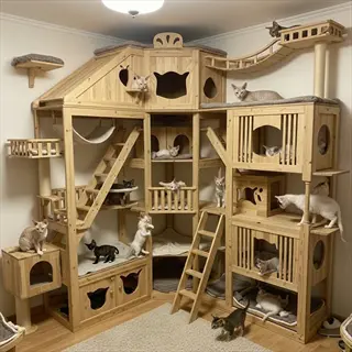 multi-level wooden cat tree with stepped pathways, platforms, stairs, and enclosed spaces, featuring multiple cats resting and playing