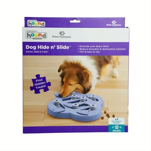nina ottosson outward hound dog hide n' slide puzzle toy box with a dog playing with puzzle toy to find hidden treats