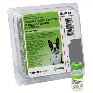 nobivac lyme vaccine for dogs (25-dose kit with borrelia burgdorferi bacterin vial) featuring boston terrier on packaging (merck animal health)