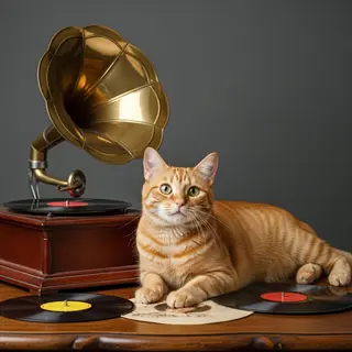 orange tabby cat relaxing beside a vintage gramophone with vinyl records, evoking cat relaxing music in a calm retro setting