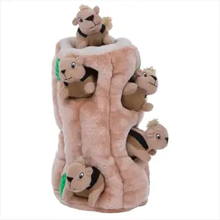 outward hound hide-a-squirrel dog toy: plush tree trunk with multiple removable squirrels for interactive hide-and-seek play