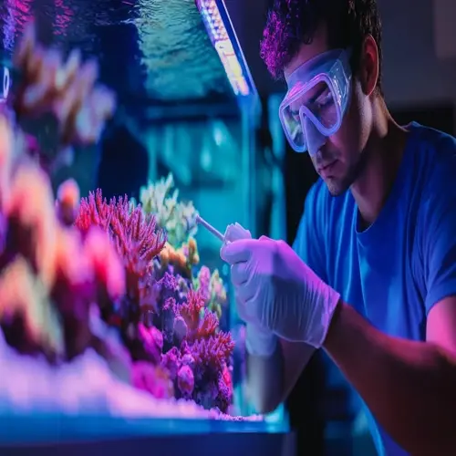 person wearing protective goggles and gloves using fish tank cleaning tools to maintain a vibrant coral aquarium under blue-purple lighting