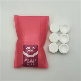 pet subscription boxes: pink bubble mailer labeled 'we like pink pups' with six small containers - visual of curated monthly pet supplies delivery