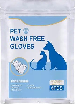 pet wash free gloves package for cats and dogs (6pcs). features dog and cat silhouettes with glove icon. disposable gloves dog