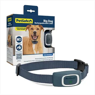 petsafe big dog rechargeable static bark collar with packaging showing dog face - electronic anti-bark training device with control unit