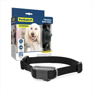 petsafe vibration bark collar: product packaging with poodle dog face and physical training collar - humane bark control solution for dogs