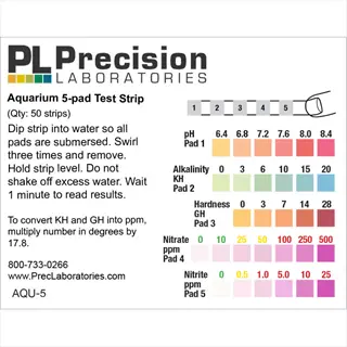pl precision laboratories aquarium 5-pad test strip color comparison chart showing ph, alkalinity, hardness, nitrate and nitrite scales