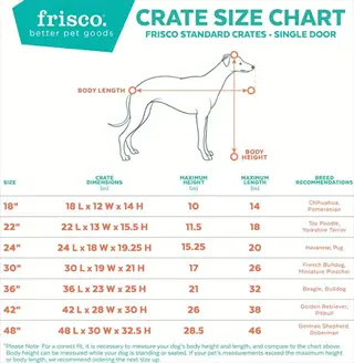 proper dog crate size: frisco crate size chart showing dimensions, breed recommendations, and dog silhouette with body length/height measurements for single-door crates