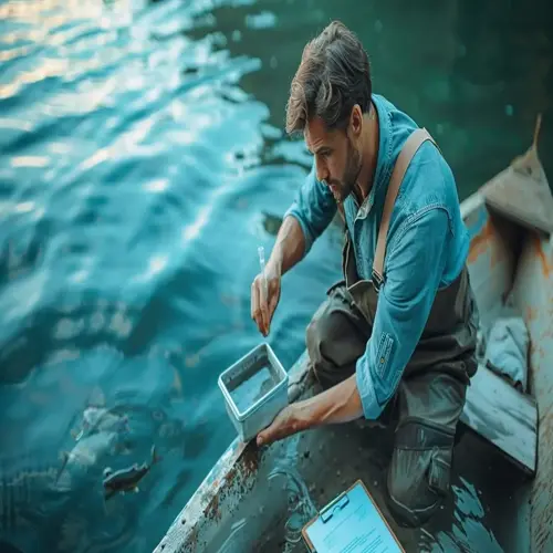 researcher conducting aquarium water testing in a boat using a pipette and sample container, with clipboard and fish visible