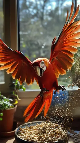 scarlet macaw in dynamic indoor bird flight, wings spread mid-motion while scattering seeds near a sunlit window with potted plants and a seed bowl